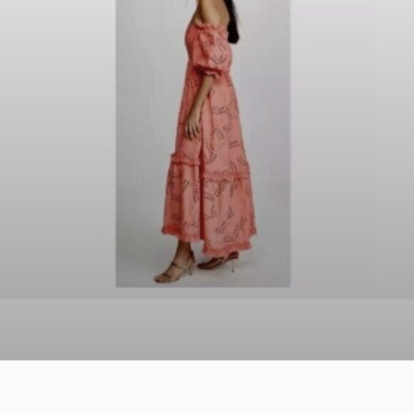 Waimari Belmond Coral Pink Puff Sleeve Eyelet Lace Peasant Maxi Dress Size S - Picture 3 of 9